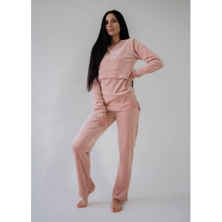 Пижама беременным и мамочкам из плюшевого велюра для дома и сна с секретом для кормления Пудра 2